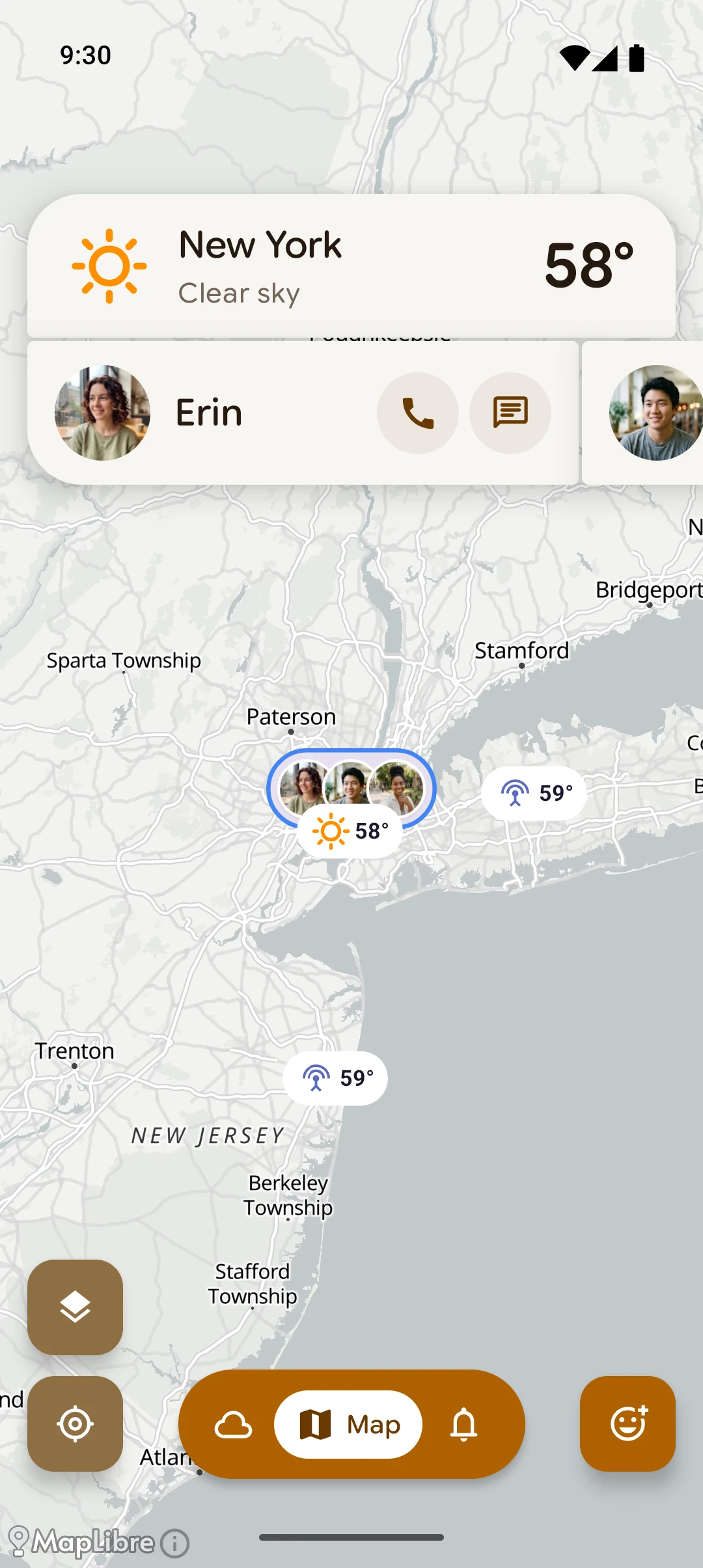 Map view showing friend's weather location